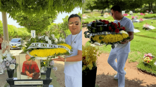 Rafael Santos, hijo de Diomedes Díaz, en el cementerio donde descansan su padre y hermano